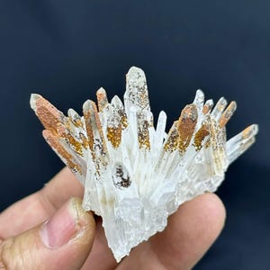 May include: A cluster of clear, pointed quartz crystals featuring distinct reddish-brown iron oxide inclusions concentrated at the tips and along the upper facets of the individual crystal points, creating a natural contrast against the transparent base.