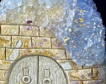 Blue and Gold-Toned Calcite House Sculpture Set — Two-Piece Crystal Carving