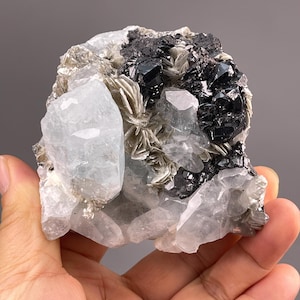 Blue, Black Cassiterite with Aquamarine cluster from Sichuan, China Natural Mineral Specimen