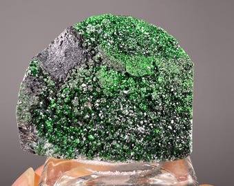 Green Grossular Garnet Crystal Crust on Grey Matrix — Tanzania Specimen