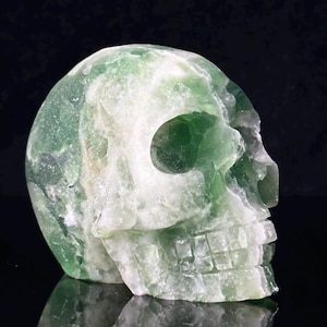 May include: A carved skull made of green and white stone. The skull has detailed features, including eye sockets, a nose cavity, and teeth. The stone has a translucent quality, with variations in color and texture.