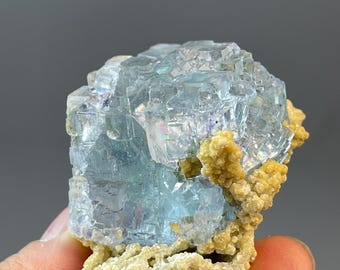 Sky Blue Fluorite with Rainbow Inclusions and Stepped Growth on Dolomite Matrix, Rare Collector's Piece from Yaogangxian, Hunan