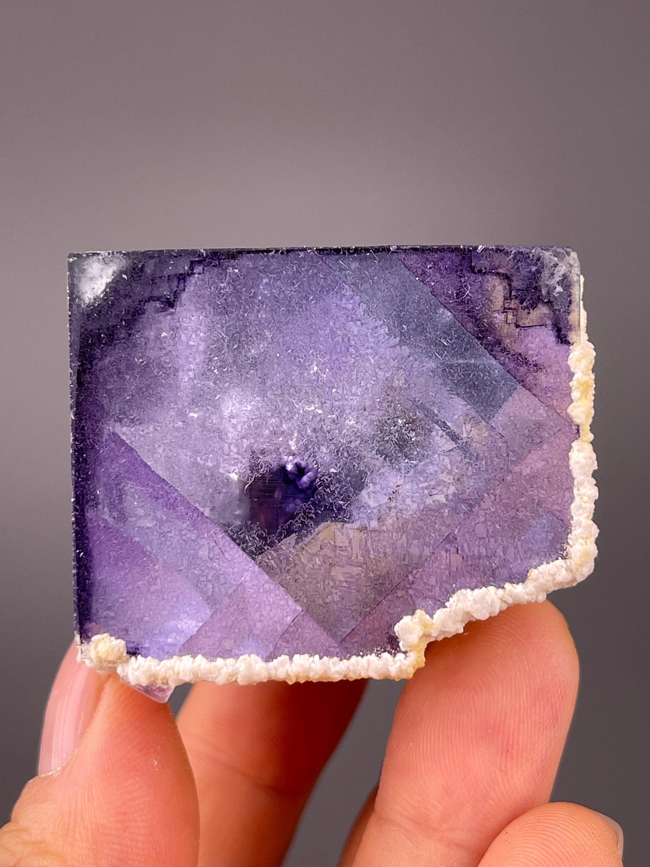 Purple Phantom Fluorite with Calcite: Raw Mineral Specimen from YGX - Natural Crystal Cluster