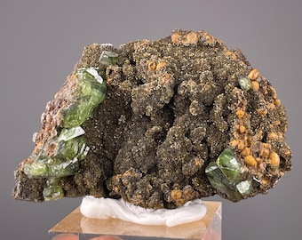 Grass-Green Ludlamite on Siderite — Brazil, 3.3 cm, 35 g Mineral Specimen