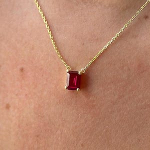 14k Gold Ruby Necklace – Emerald Cut Red Gemstone Pendant – July Birthstone – Dainty Gold Necklace – Other Stones Available