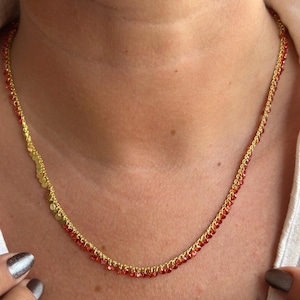 Ruby Beaded Disc Necklace, 14k Gold Chain Necklace, Red Gemstone Layered Necklace, Dainty Gold Necklace, Minimalist Jewelry Gift for Her