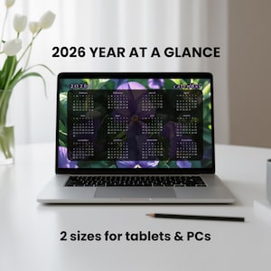Calendário Digital para Laptop com Violetas Roxas - Visão Geral do Ano de 2026 - Fundo Floral para Tablet - Baixe PNGs e JPEGs