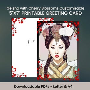 Message personnalisé carte de voeux geisha d'inspiration historique papeterie note personnalisée cerisier en fleurs enveloppe téléchargement numérique