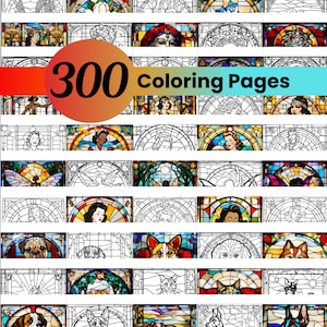 Pacchetto di pagine da colorare stampabili per alleviare lo stress, effetto vetrata, download immediato.