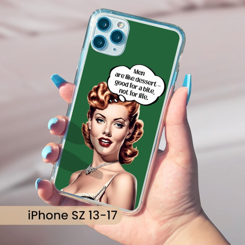Funny retro pin up iPhone case featuring dessert dating quote for women who enjoy vintage fashion and cheeky humor