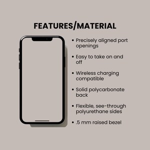 May include: A smartphone case graphic with the text FEATURES/MATERIAL and a list of attributes: precisely aligned port openings, easy to take on and off, wireless charging compatible, solid polycarbonate back, flexible, see-through polyurethane sides, and .5 mm raised bezel.
