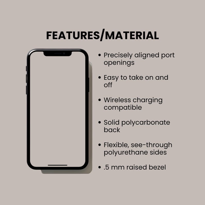 May include: A smartphone case graphic with the text FEATURES/MATERIAL and a list of attributes: precisely aligned port openings, easy to take on and off, wireless charging compatible, solid polycarbonate back, flexible, see-through polyurethane sides, and .5 mm raised bezel.
