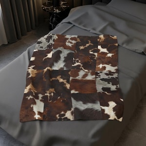 Faux Cowhide Blanket Velveteen Plush Throw Cowhide Collage Print Rustic Home Decor Nature Lover Gift Cozy Farmhouse Accent