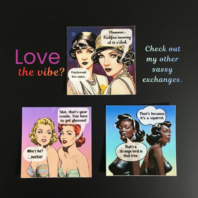 May include: Three square stickers featuring vintage-style illustrations of women in conversation. The top sticker shows two women with speech bubbles saying, "Hmmmm... Fuchface incoming at 12 o'clock" and "Fuckwad for sure." The bottom stickers feature dialogue.