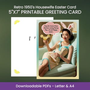 Cartão de Páscoa retrô engraçado Donas de casa reais dos anos 1950 Inspirado no vintage Martini de limão Papelaria com tema Cartão humorístico para amigo Download digital