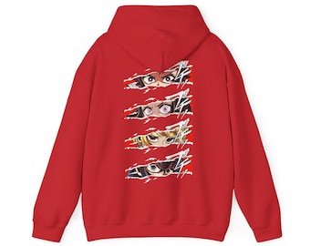 Puede incluir: Sudadera con capucha roja con un estampado gráfico de cuatro ojos de anime que asoman por detrás de bordes desgarrados.
