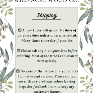 May include: A light green background with the text "WILD ACRE WOOD CO." at the top. Below, the word "Shipping" is written in a dark green script. The text below details shipping policies and customer service information.
