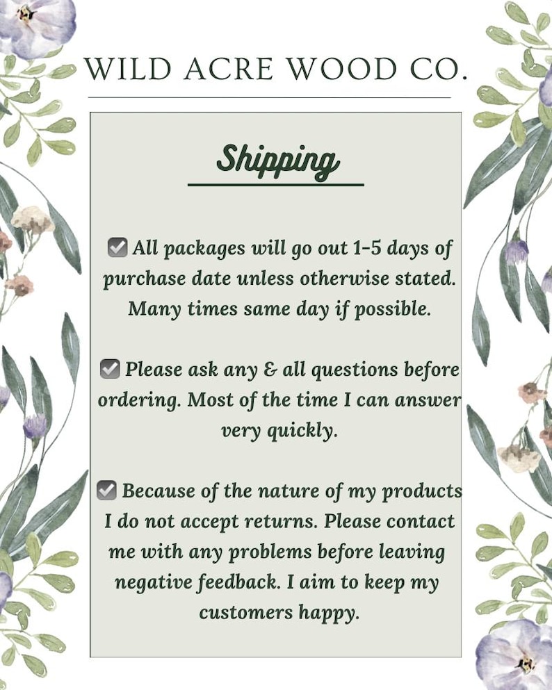 May include: A light green background with the text "WILD ACRE WOOD CO." at the top. Below, the word "Shipping" is written in a dark green script. The text below details shipping policies and customer service information.