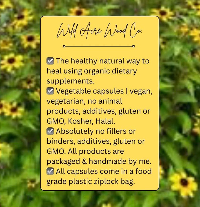 May include: A yellow rectangular information card with black text titled Wild Acre Wood Co. The text lists product details including organic dietary supplements, vegetable capsules, vegan, vegetarian, Kosher, Halal, and no fillers, binders, additives, gluten, or GMO.