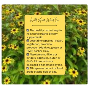 May include: A yellow and white sign with a checklist of information about the ingredients and packaging of dietary supplements. The sign is surrounded by a green background with yellow flowers.