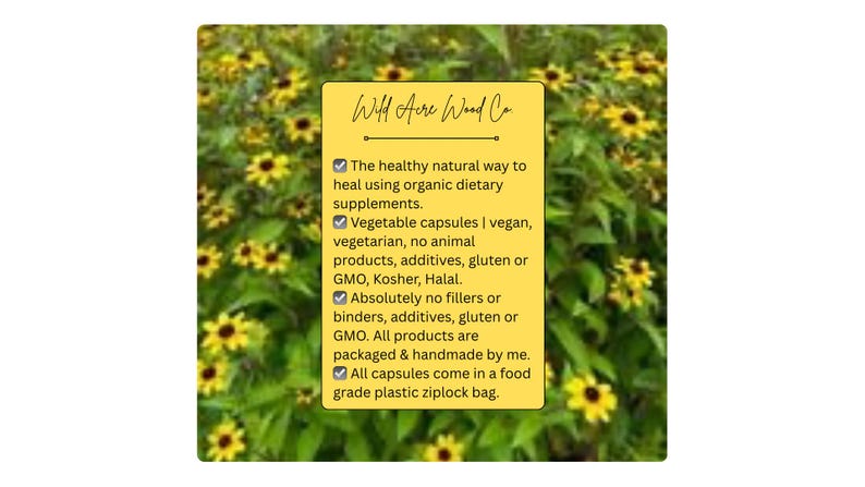 May include: A yellow and white sign with a checklist of information about the ingredients and packaging of dietary supplements. The sign is surrounded by a green background with yellow flowers.