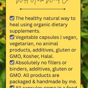 May include: A yellow rectangular graphic with the text "Wild Acre Wood Co." and product information. The text highlights organic dietary supplements, vegetable capsules, and the absence of fillers, additives, gluten, or GMOs. All products are packaged by hand.