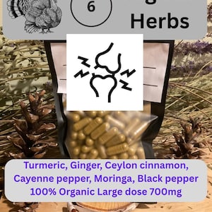 May include: A black pouch filled with brown capsules, labeled with a turkey illustration, the number 6, and the text Organic Herbs. A central icon depicts a joint with lightning bolts. Text lists Turmeric, Ginger, Ceylon cinnamon, Cayenne pepper, Moringa, Black pepper, 100% Organic Large dose 700mg.