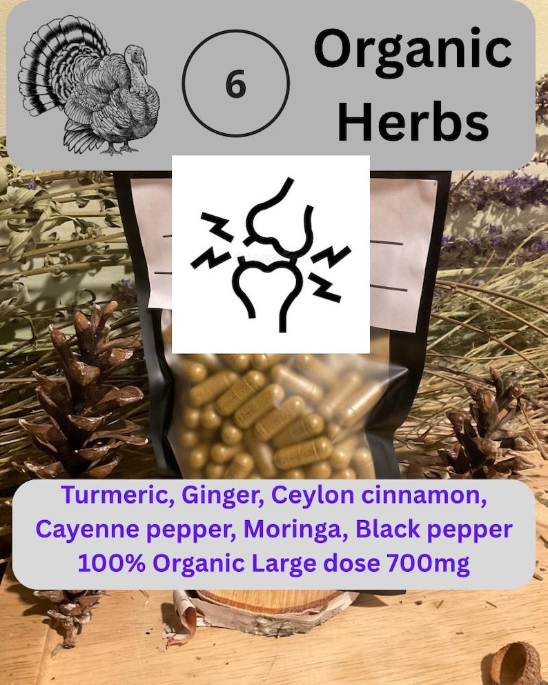 May include: A black pouch filled with brown capsules, labeled with a turkey illustration, the number 6, and the text Organic Herbs. A central icon depicts a joint with lightning bolts. Text lists Turmeric, Ginger, Ceylon cinnamon, Cayenne pepper, Moringa, Black pepper, 100% Organic Large dose 700mg.