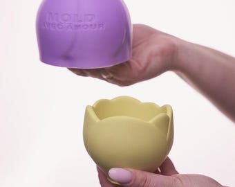 May include: Two silicone molds, one lavender and one yellow, are held up against a white background. The lavender mold has the words "MOLD AVEC AMOUR" printed on it. The yellow mold is shaped like a flower.