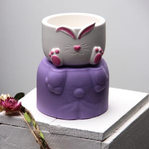 Pode incluir: Um vaso de cerâmica branco em forma de coelho com orelhas e pés cor-de-rosa. O vaso está sentado em cima de uma base de cerâmica roxa com um design texturizado. O vaso está em uma superfície de madeira branca.