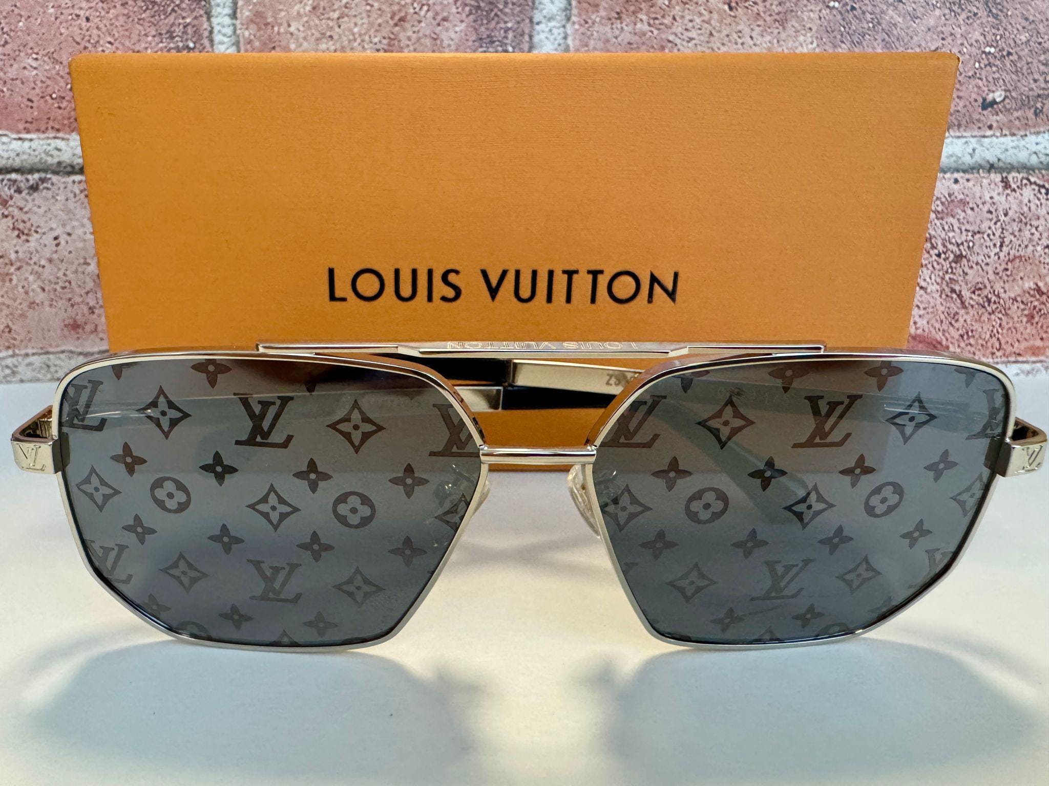 LV Sunglasses, Gold Frame Black LV Monogram Lens Luxury Glasses