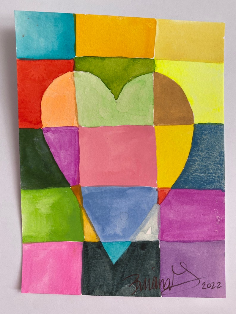 Original Watercolor Heart Grid Painting imagem 1