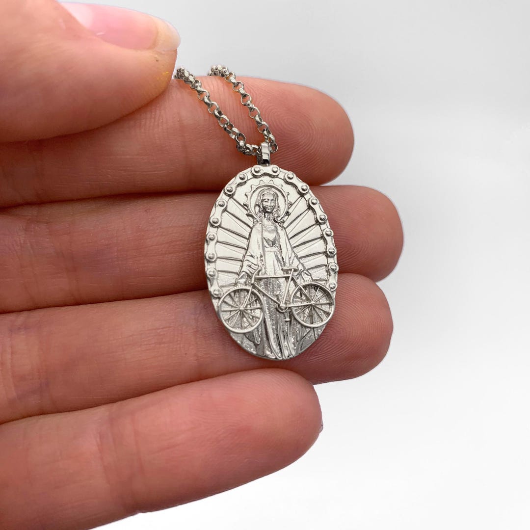 Madonna Del Ghisallo Sterling Silver Cyclist Necklace, Bike