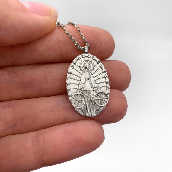Madonna Del Ghisallo Sterling Silver Cyclist Necklace, Bike