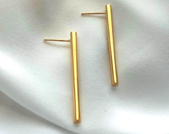 Line Earrings: Modern Minimalist Linear Drop Jewelry, Gold Vermeil Sterling Silver