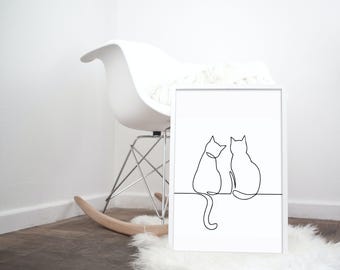 Double Cat Line Art Print: Minimalist Home Decor (Digital Download)