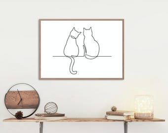 Double Cat Line Art Print: Minimalist Home Decor (Digital Download)