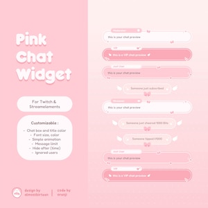 Op de afbeelding: Roze chatwidget-ontwerp voor Twitch en StreamElements. Aanpasbare chatbox en titelkleur, lettergrootte, kleur, eenvoudige animatie, berichtlimiet, verbergen na tijd en genegeerde gebruikers. De afbeelding toont een voorbeeld van de chatwidget met verschillende gebruikerstypen, waaronder moderator, VIP en gewone gebruiker.