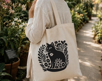 Cat Floral Tote Bag | Cute Cat Lover Gift | Floral Cat Canvas Bag | Cat Mom Tote Bag | Whimsical Cat Bag | Gift for Her