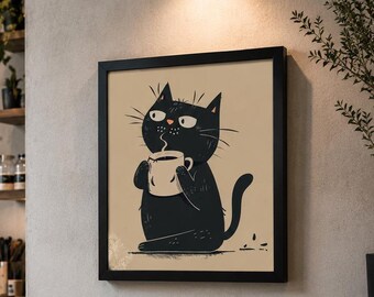 Coffee Shop Poster, Cat Wall Art, Coffee and Cat Wall Art, Cozy Coffee Art, Coffee Lovers Gift