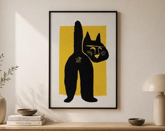 Modern Cat Art Poster with Wooden Frame | Minimalist Cat Print | Cat Lover Gift | Scandinavian Wall Decor | Bedroom Artwork