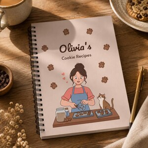 May include: A spiral-bound notebook with a light pink cover featuring the text Olivia's Cookie Recipes. The illustration shows a person in an apron baking cookies with a cat nearby, surrounded by brown paw print icons on a light pink background.