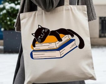 Bolsa de mano acogedora con forma de gato: ideal para amantes de los libros, bolsa de compras ecológica, regalo para mamás gatas, bolsa de mano navideña con temática de gatos y libros.