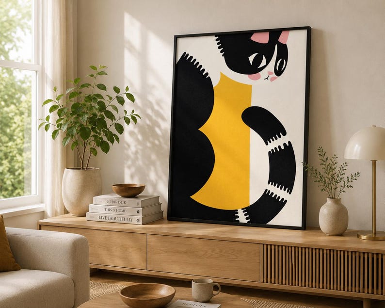 Minimalist Cat Art Poster with Wooden Frame