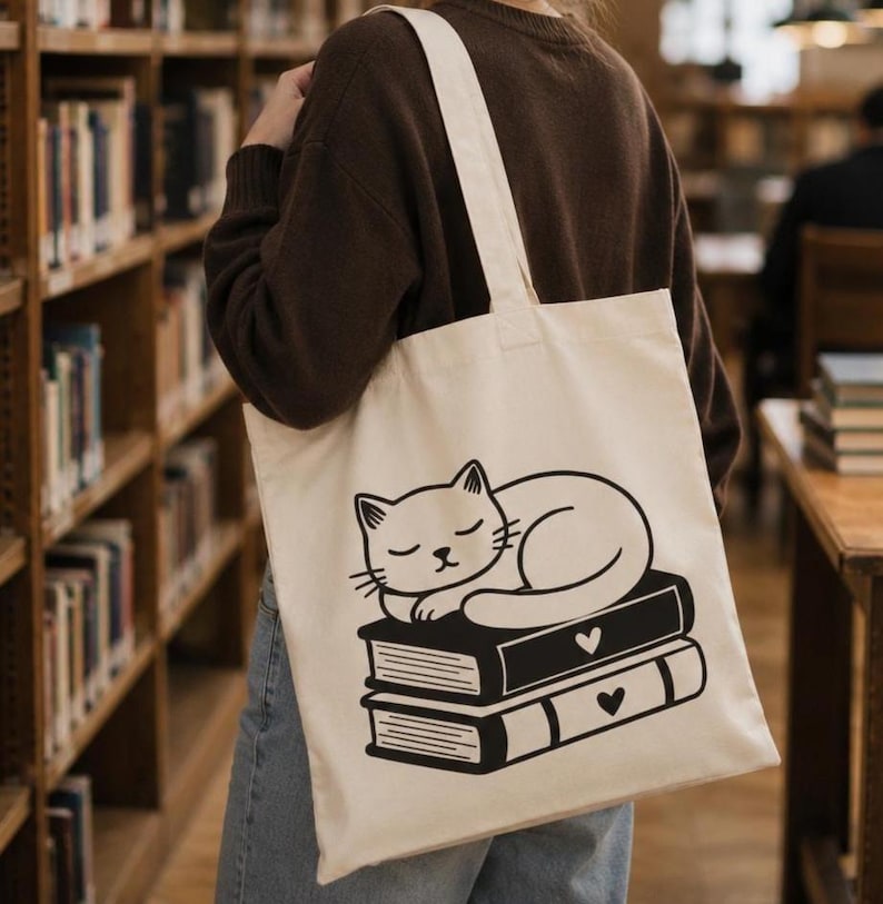 Cat and Books Tote Bag illustration
