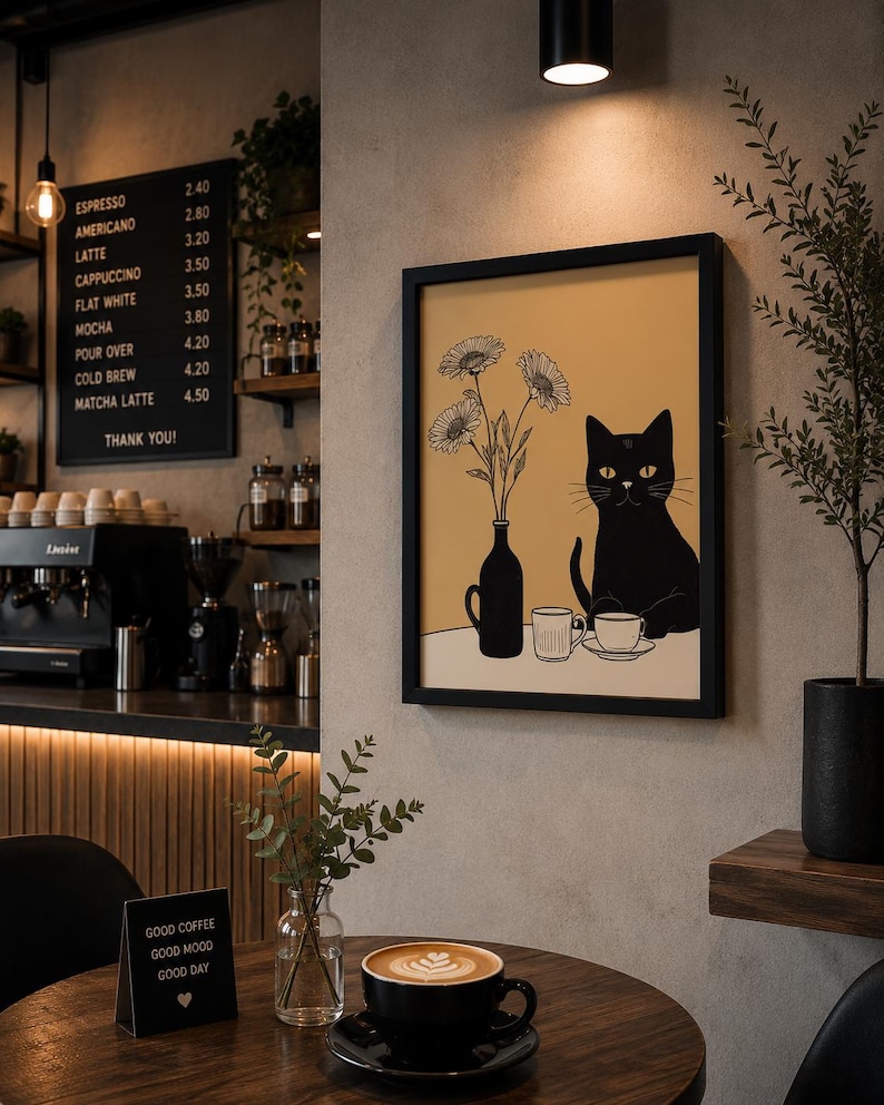 Coffee Cat Art Print, framed canvas