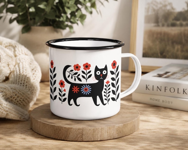 Folk Floral Cat Enamel Camp Cup