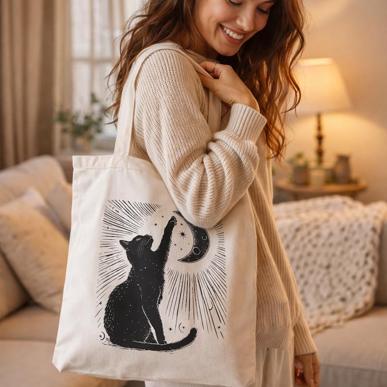 Celestial Cat and Moon Tote Bag