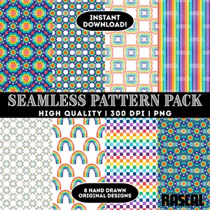 May include: A collection of eight seamless patterns in various designs and colors. The patterns include floral, geometric, rainbow, and checkered designs. The text on the image reads "SEAMLESS PATTERN PACK" and "INSTANT DOWNLOAD!"