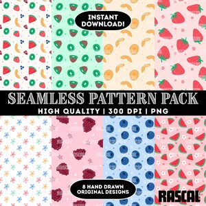May include: A digital download pack of eight seamless patterns. The designs include illustrations of fruits like strawberries, kiwi, and blueberries, alongside floral patterns. Text includes "INSTANT DOWNLOAD!" and "SEAMLESS PATTERN PACK".